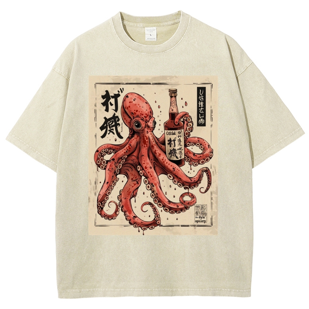 Unisex Octopus Printed Washed Tee