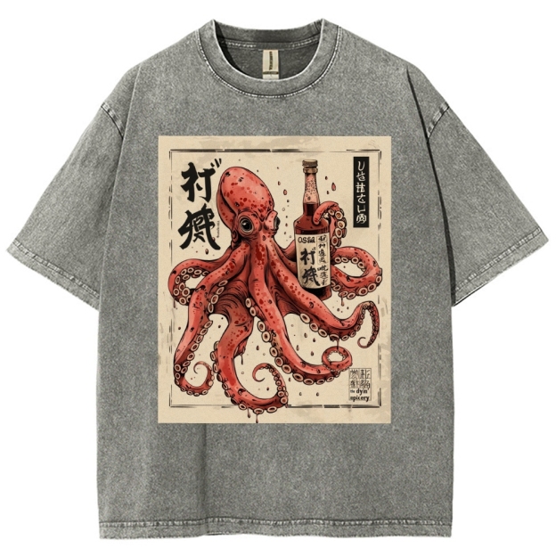 Unisex Octopus Printed Washed Tee