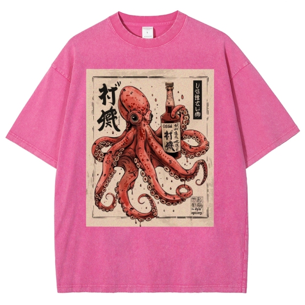 Unisex Octopus Printed Washed Tee