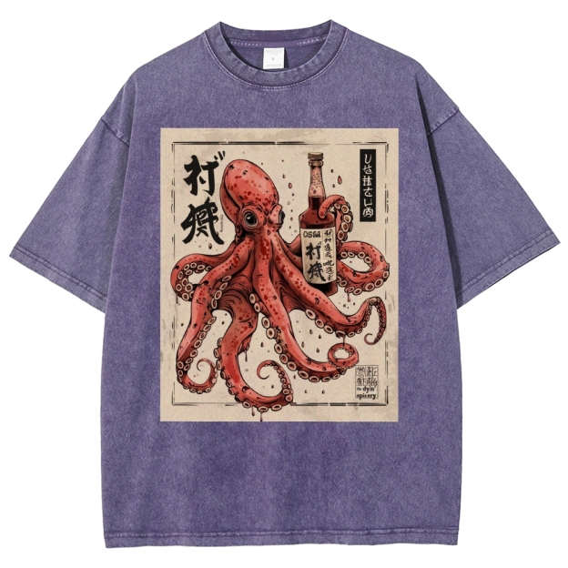 Unisex Octopus Printed Washed Tee