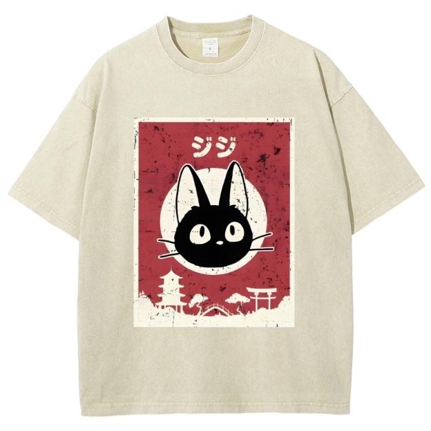 Unisex Cat Printed Washed Tee