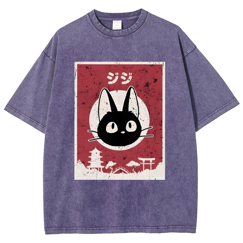 Unisex Cat Printed Washed Tee