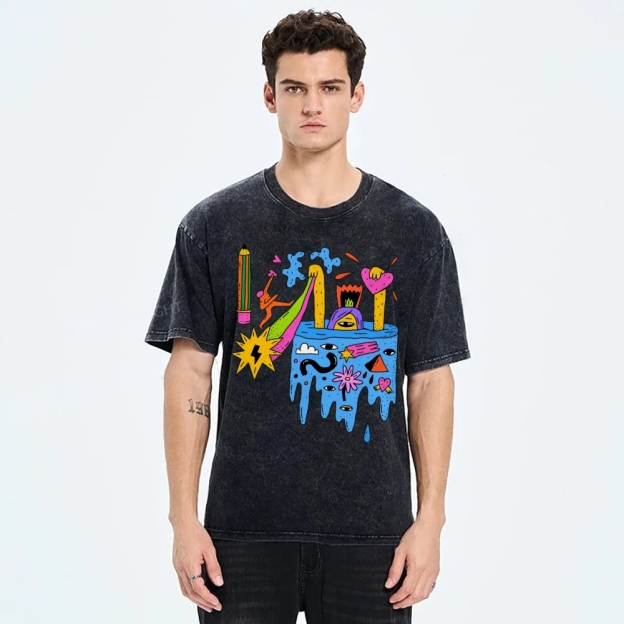 Unisex Abstract Art Eyes Printed Washed Tee