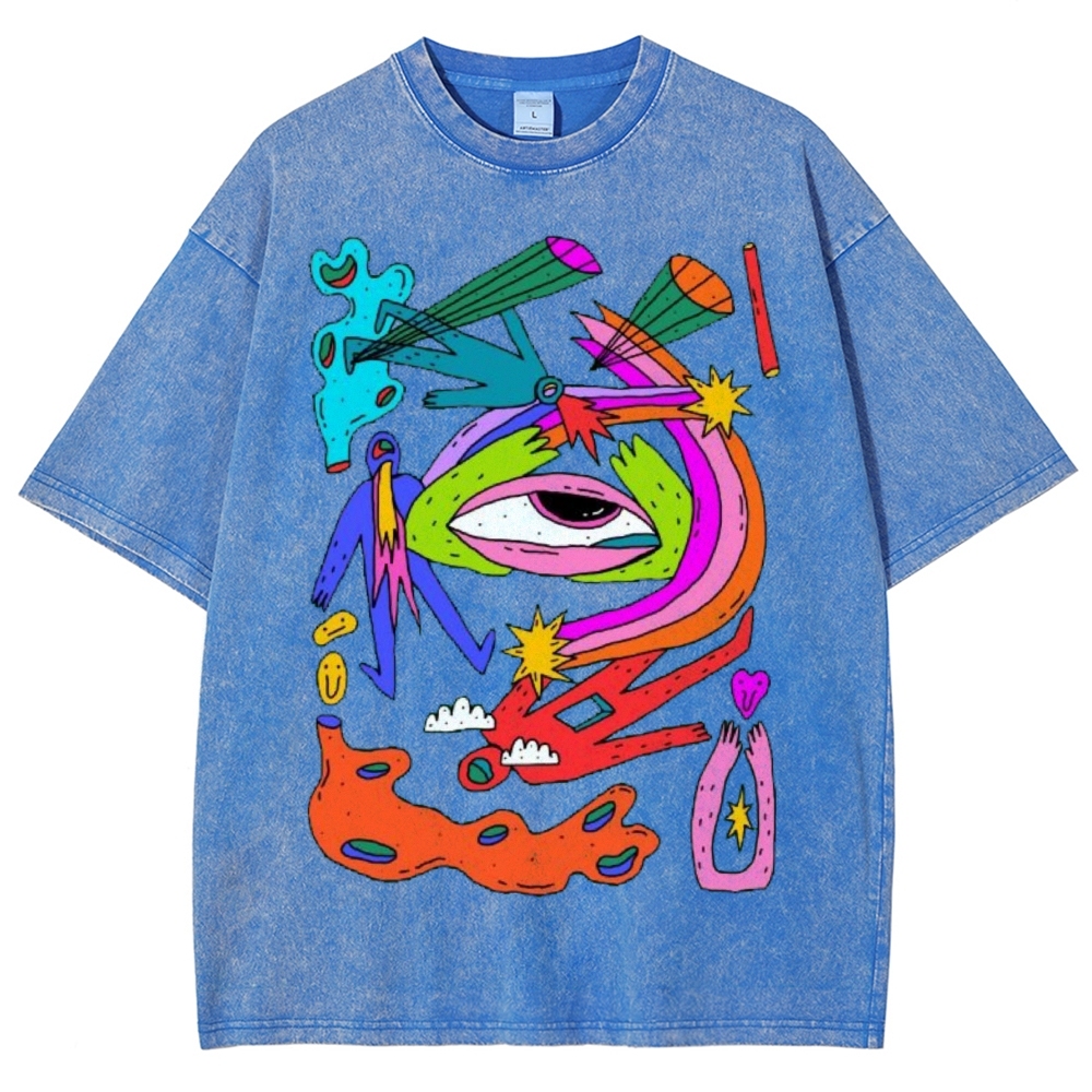 Unisex Abstract Art Eyes Printed Washed Tee