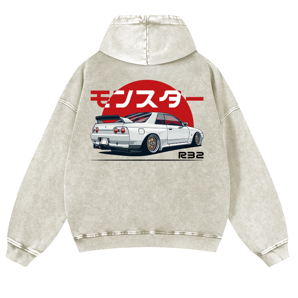 Nisaan Car R32 Vintage Washed Cotton Back Art Hoodie
