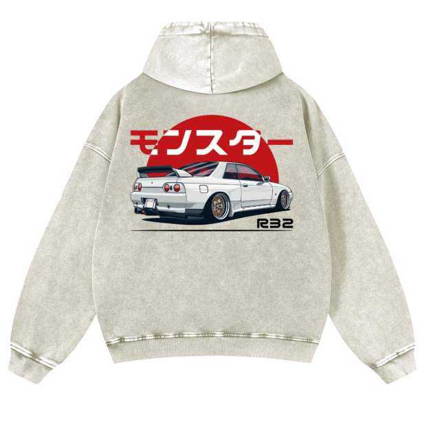 Nisaan Car R32 Vintage Washed Cotton Back Art Hoodie