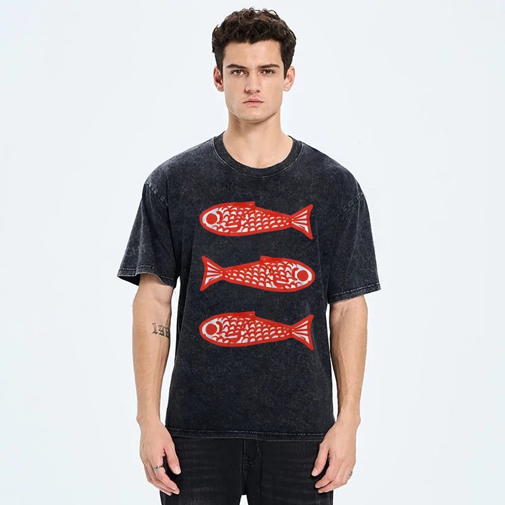 Unisex Vintage Fish Printed Washed Tee