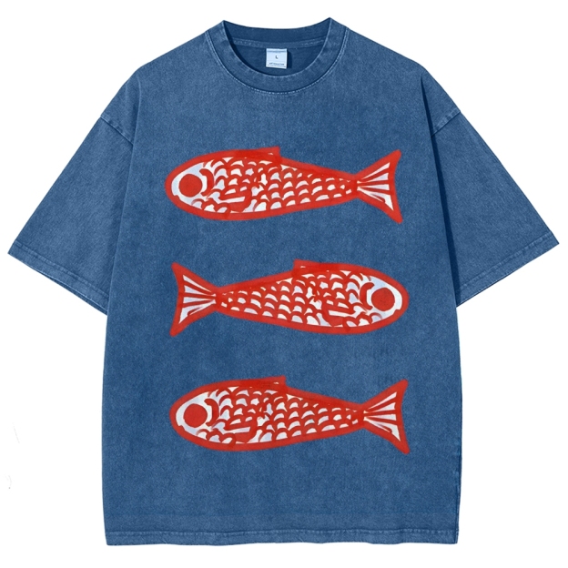 Unisex Vintage Fish Printed Washed Tee