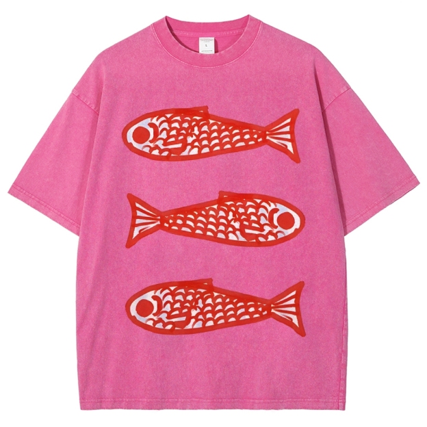Unisex Vintage Fish Printed Washed Tee