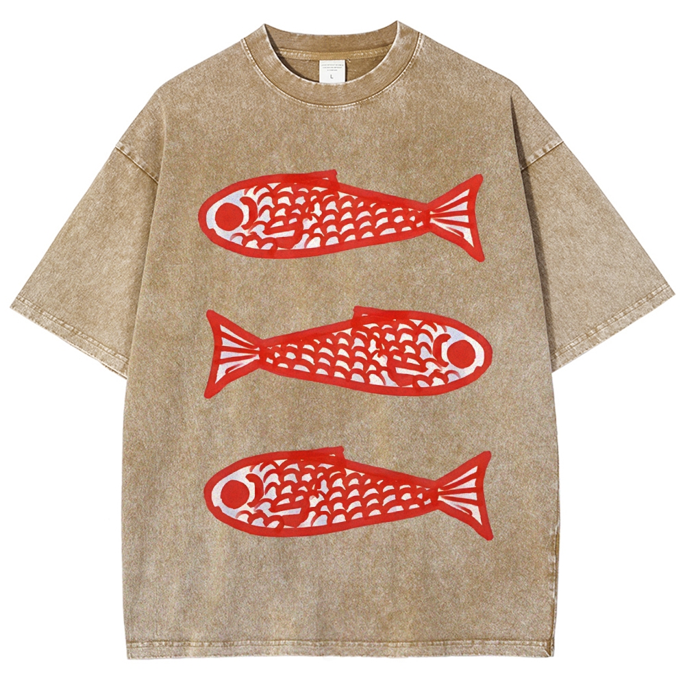 Unisex Vintage Fish Printed Washed Tee