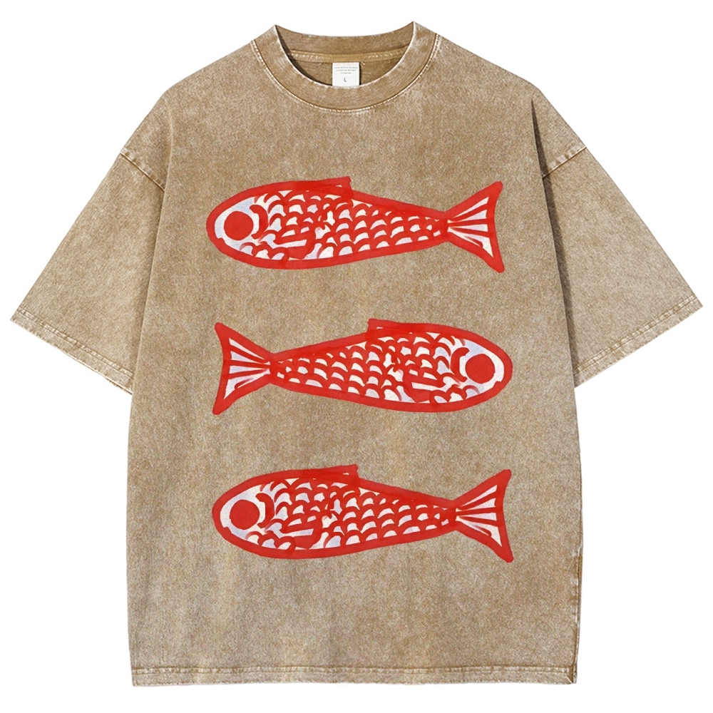 Unisex Vintage Fish Printed Washed Tee