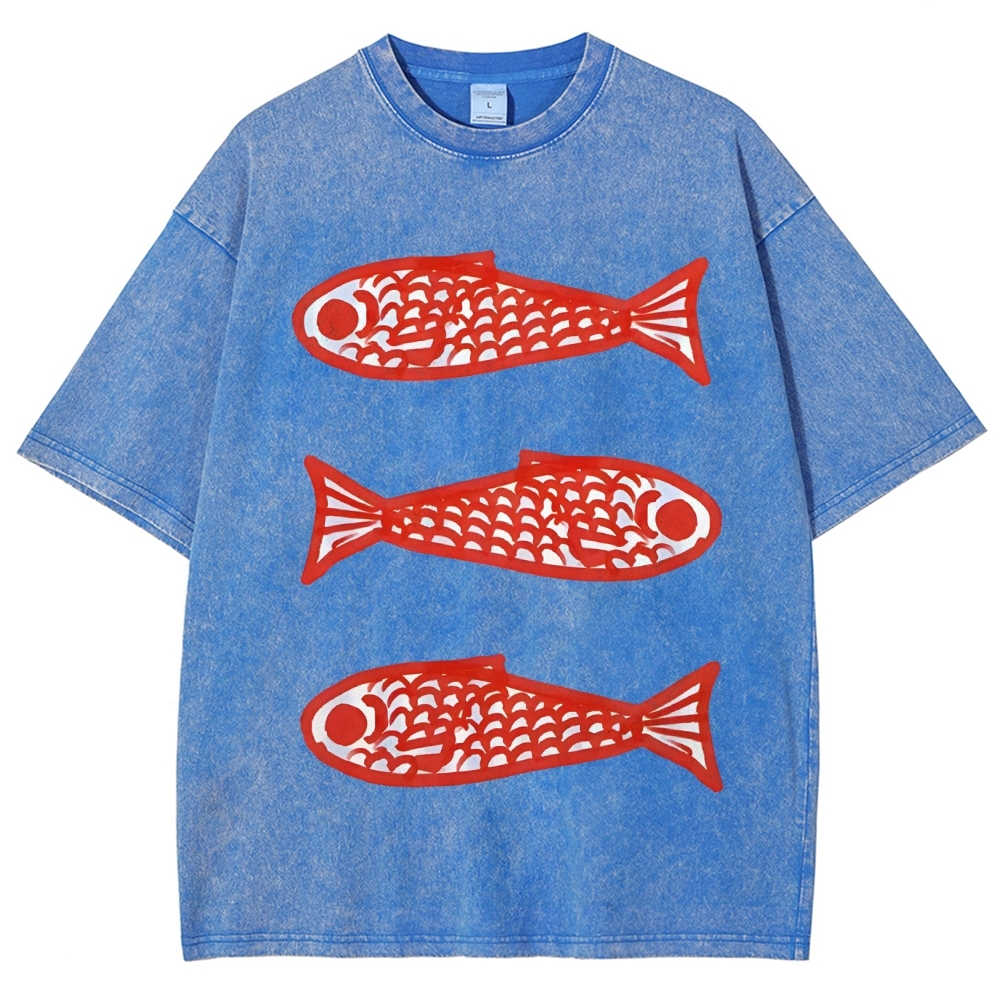 Unisex Vintage Fish Printed Washed Tee