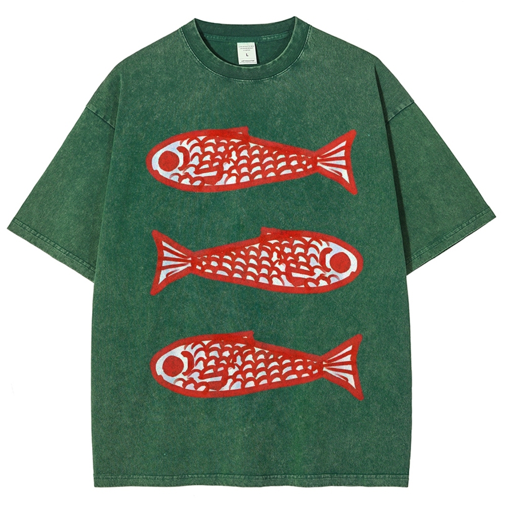 Unisex Vintage Fish Printed Washed Tee