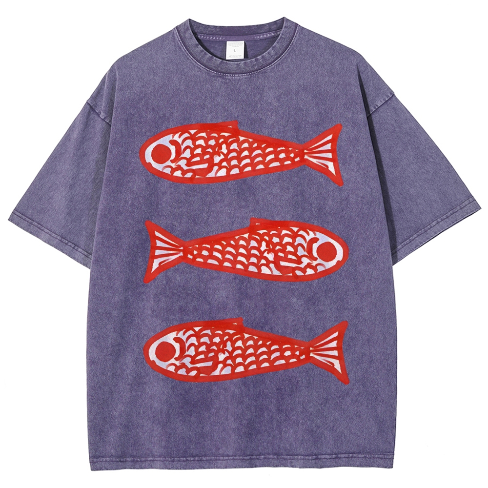 Unisex Vintage Fish Printed Washed Tee