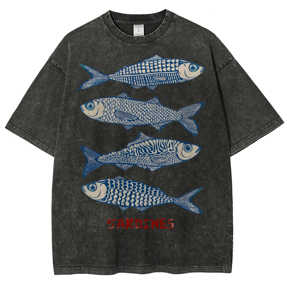 Unisex Sardines Printed Washed Tee