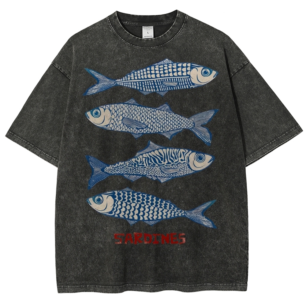 Unisex Sardines Printed Washed Tee
