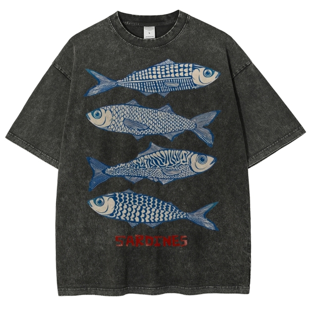 Unisex Sardines Printed Washed Tee