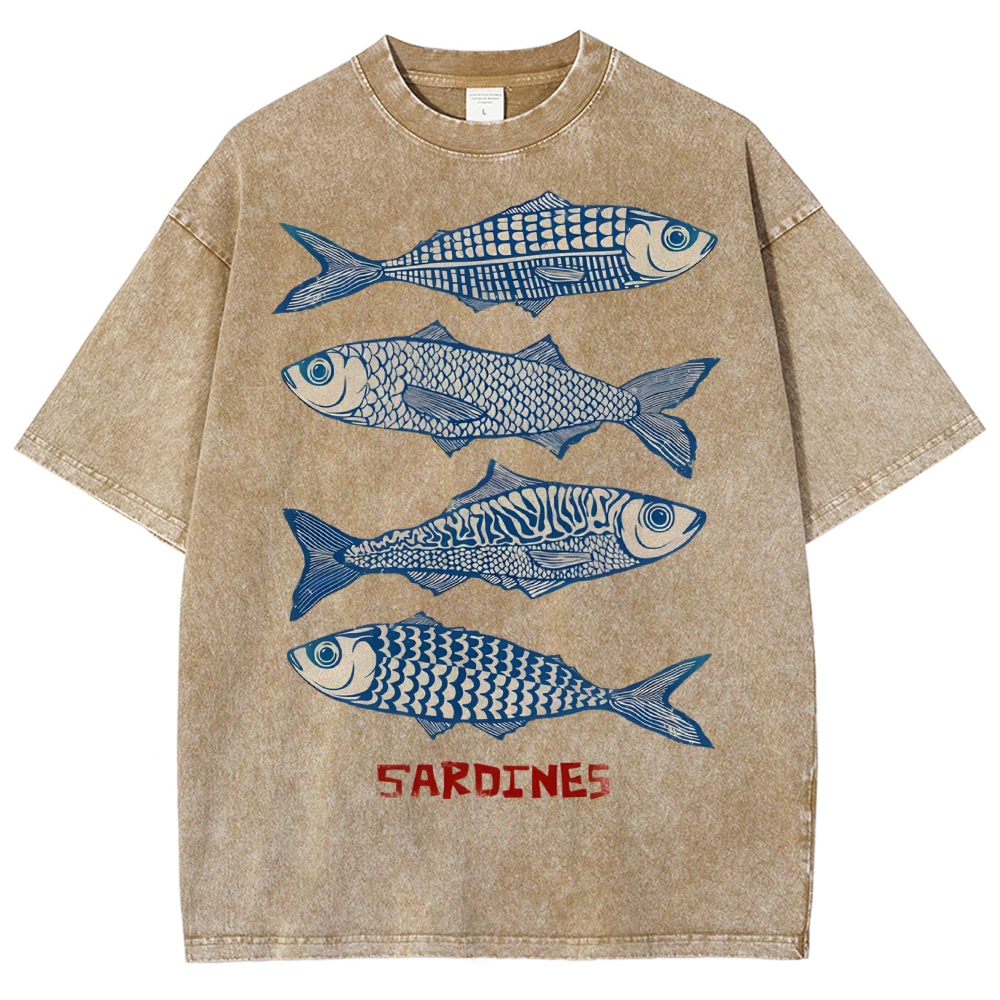 Unisex Sardines Printed Washed Tee