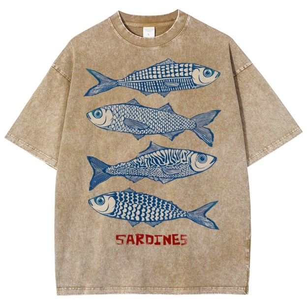 Unisex Sardines Printed Washed Tee