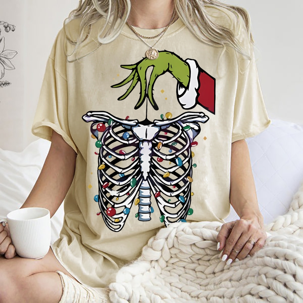 Unisex Christmas Skeleton Printed Washed Tee
