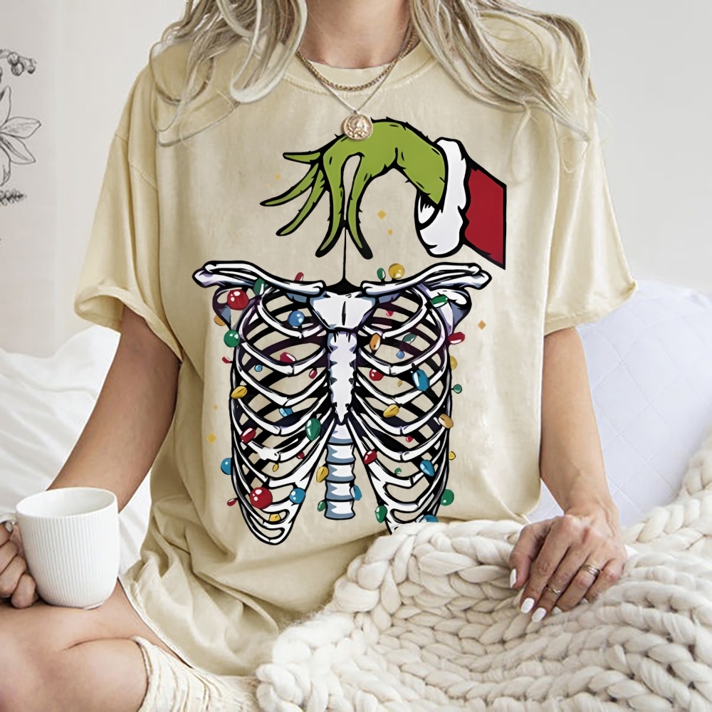 Unisex Christmas Skeleton Printed Washed Tee