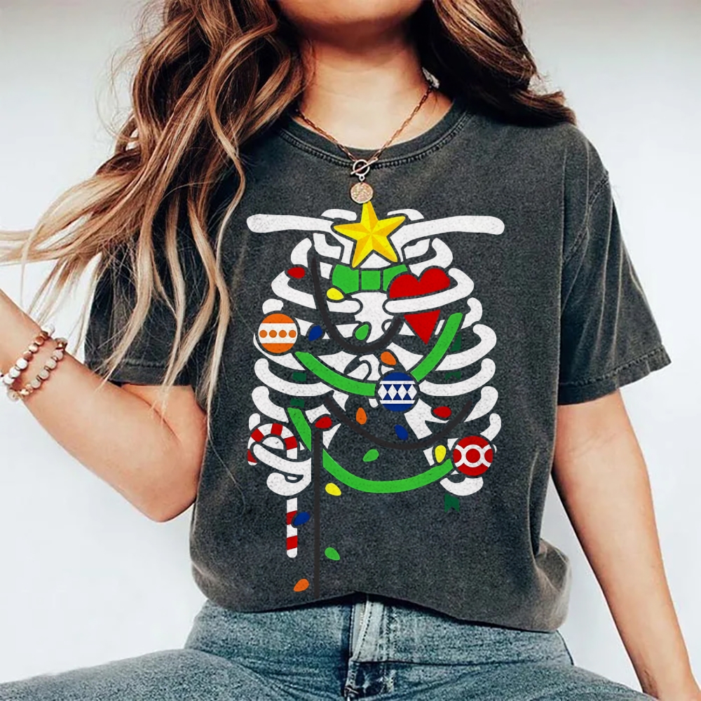 Unisex Christmas Skull Printed Washed Tee
