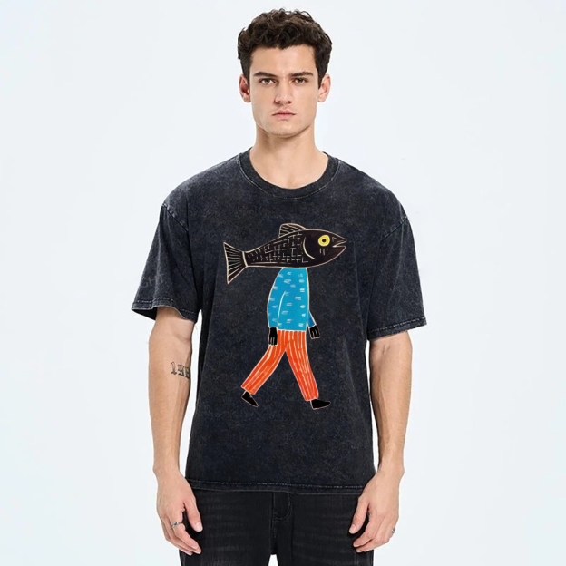 Unisex Abstract Art Fish Printed Washed Tee