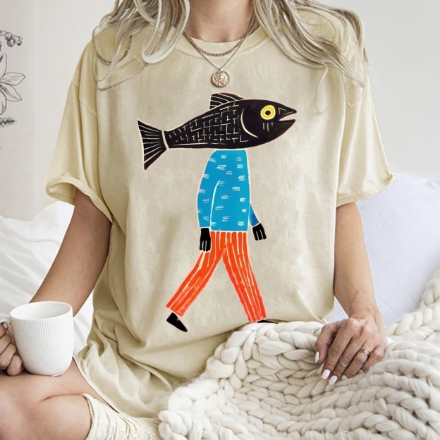 Unisex Abstract Art Fish Printed Washed Tee