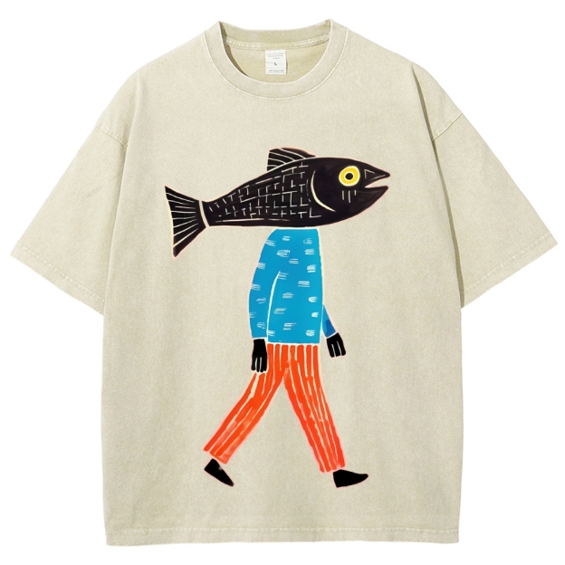 Unisex Abstract Art Fish Printed Washed Tee