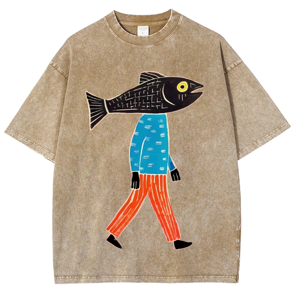 Unisex Abstract Art Fish Printed Washed Tee