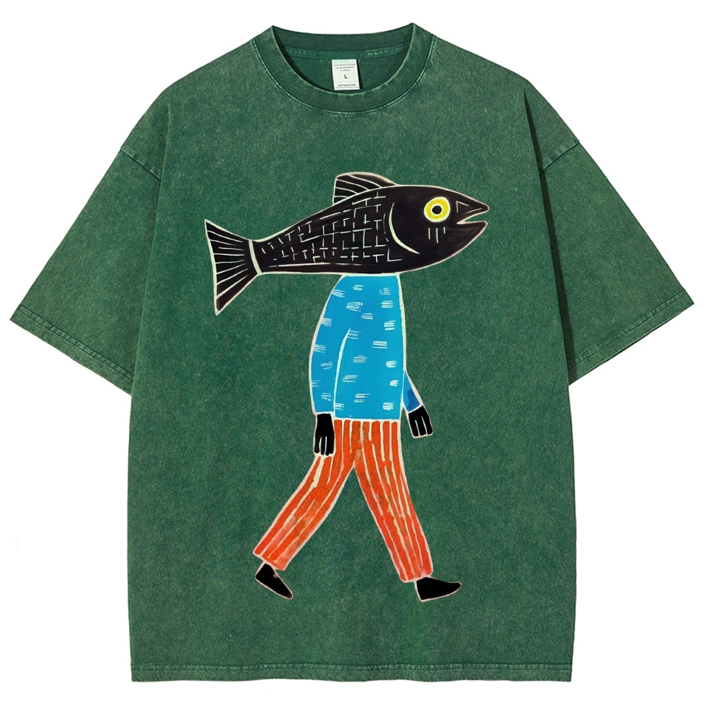 Unisex Abstract Art Fish Printed Washed Tee