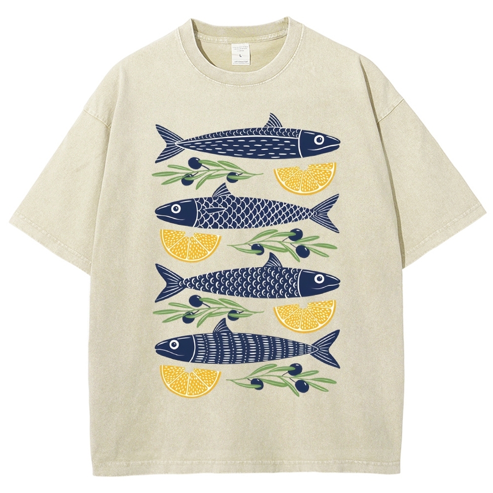 Unisex Lemon Fish Printed Washed Tee