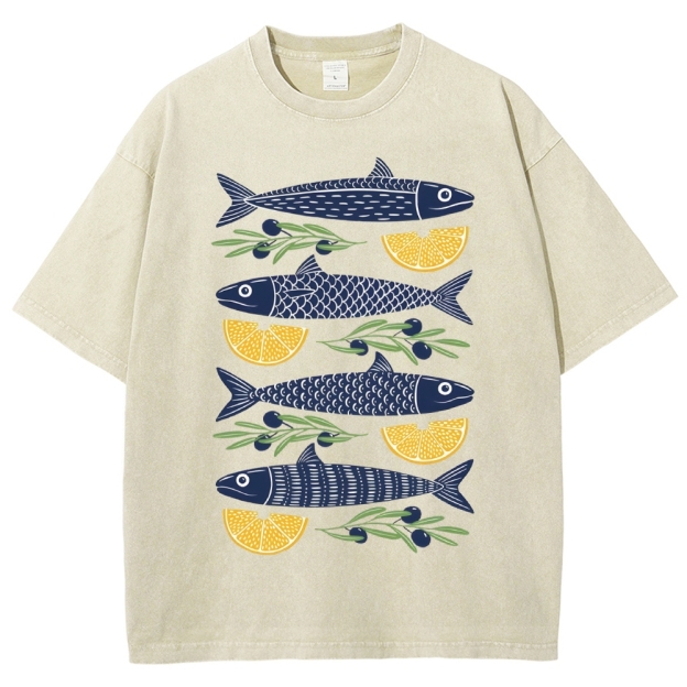Unisex Lemon Fish Printed Washed Tee