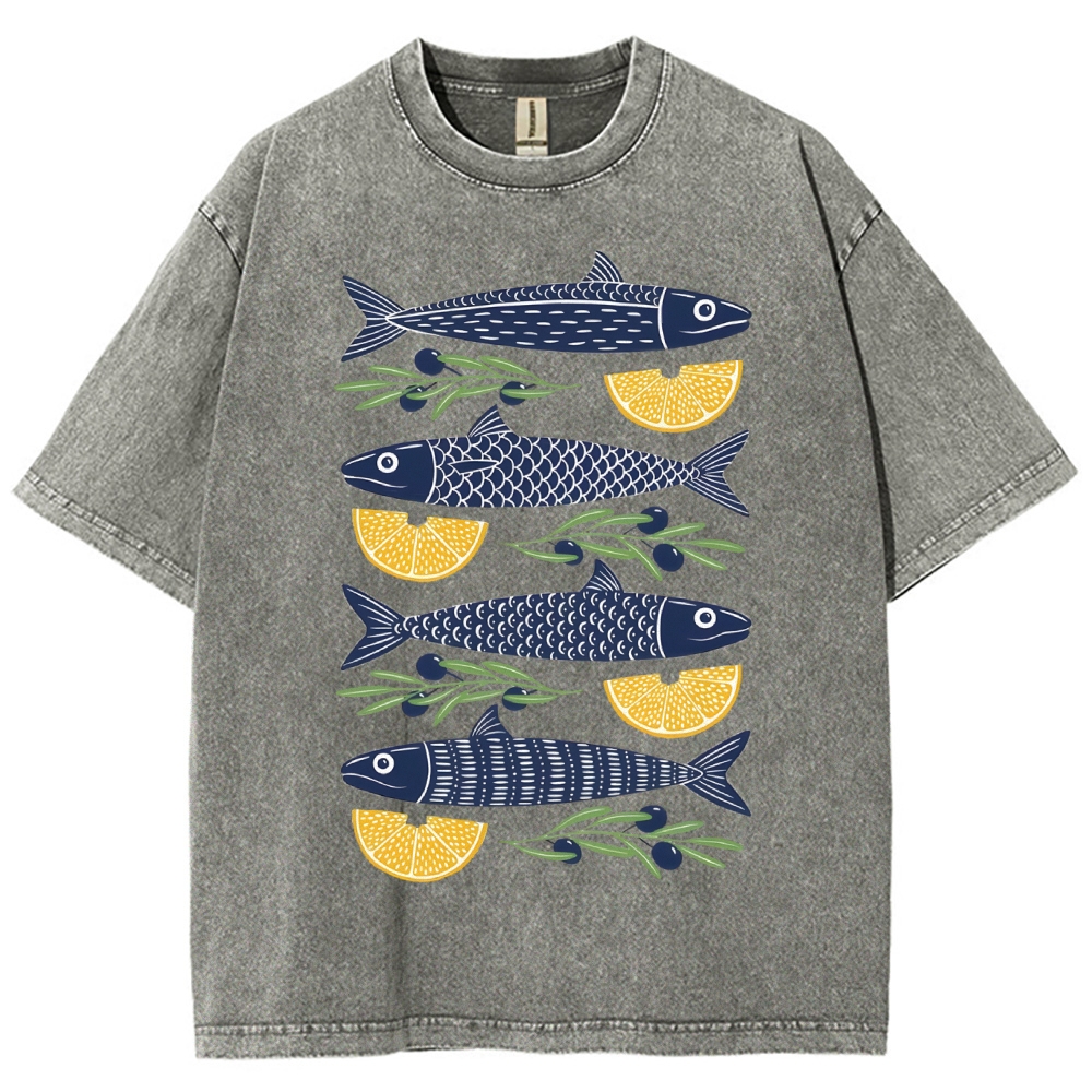 Unisex Lemon Fish Printed Washed Tee