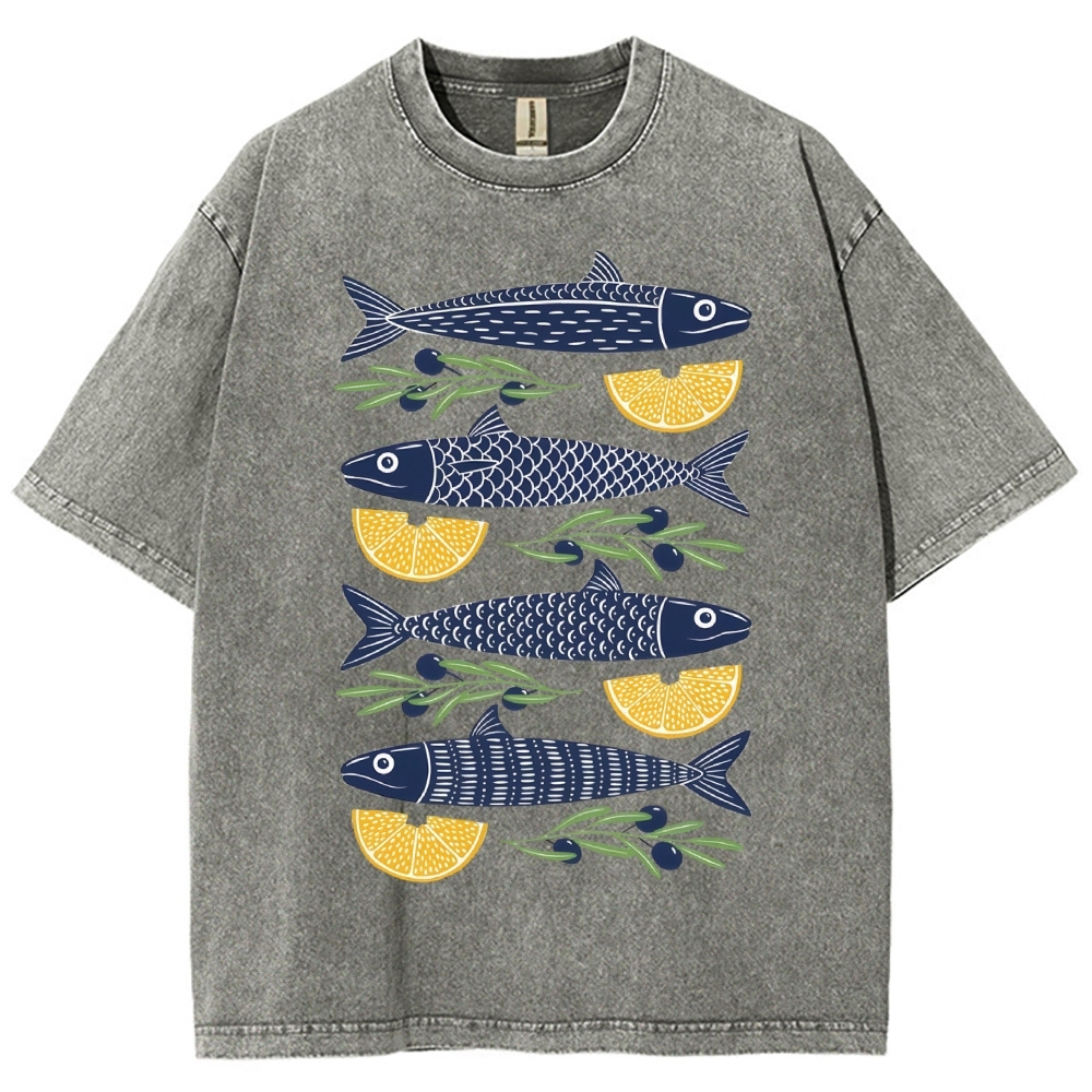Unisex Lemon Fish Printed Washed Tee