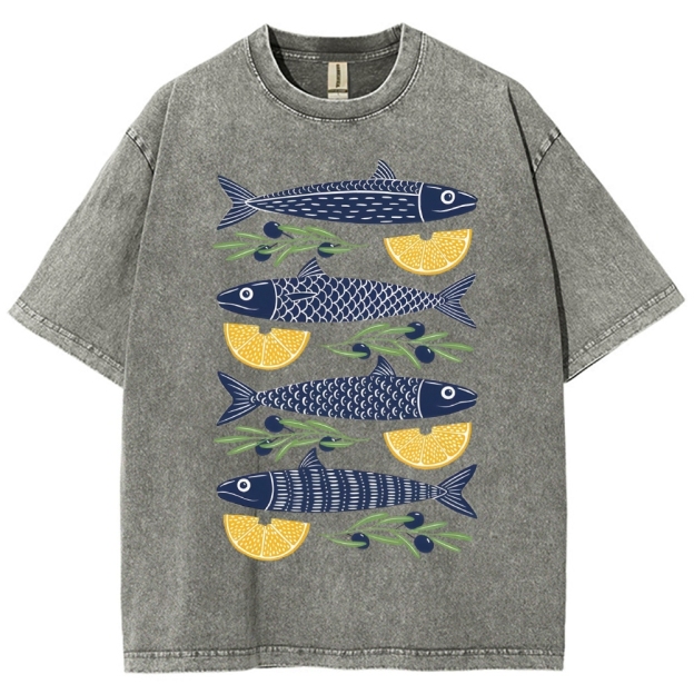 Unisex Lemon Fish Printed Washed Tee