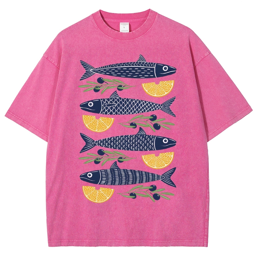 Unisex Lemon Fish Printed Washed Tee