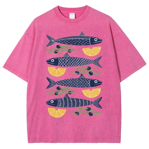 Unisex Lemon Fish Printed Washed Tee