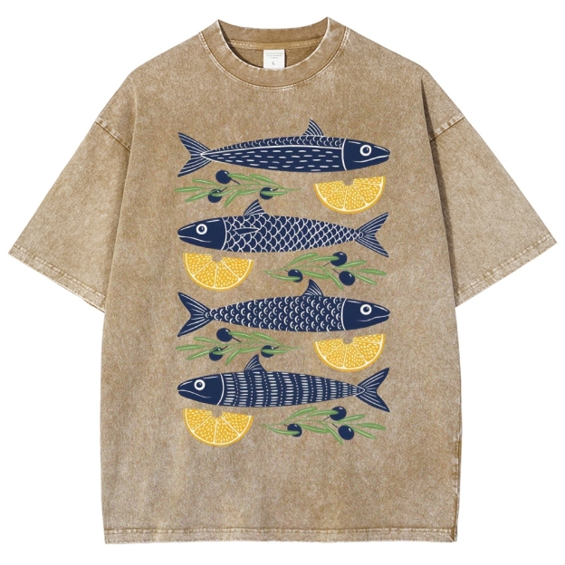 Unisex Lemon Fish Printed Washed Tee