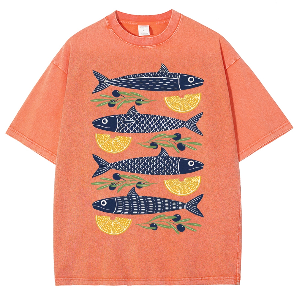 Unisex Lemon Fish Printed Washed Tee