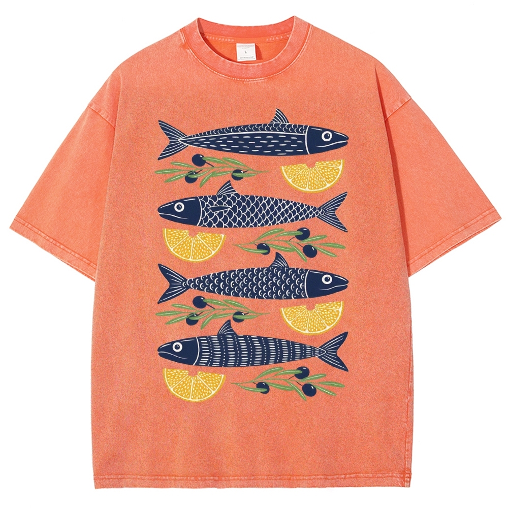 Unisex Lemon Fish Printed Washed Tee