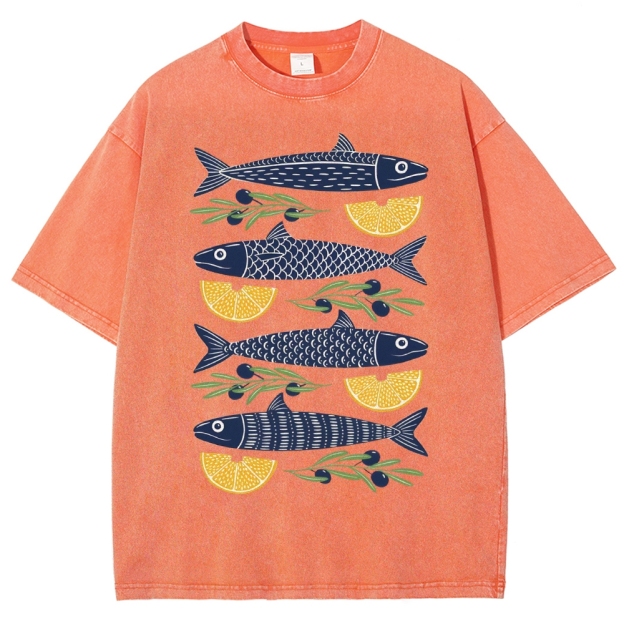 Unisex Lemon Fish Printed Washed Tee