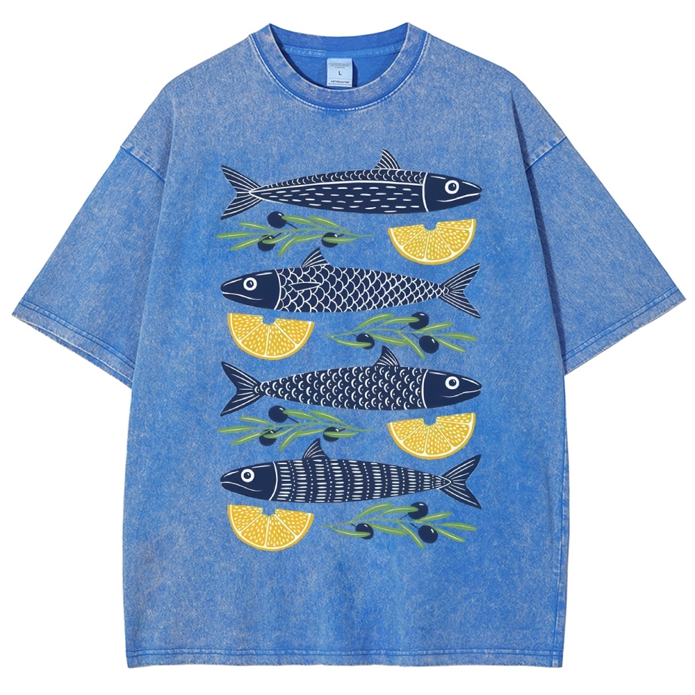 Unisex Lemon Fish Printed Washed Tee