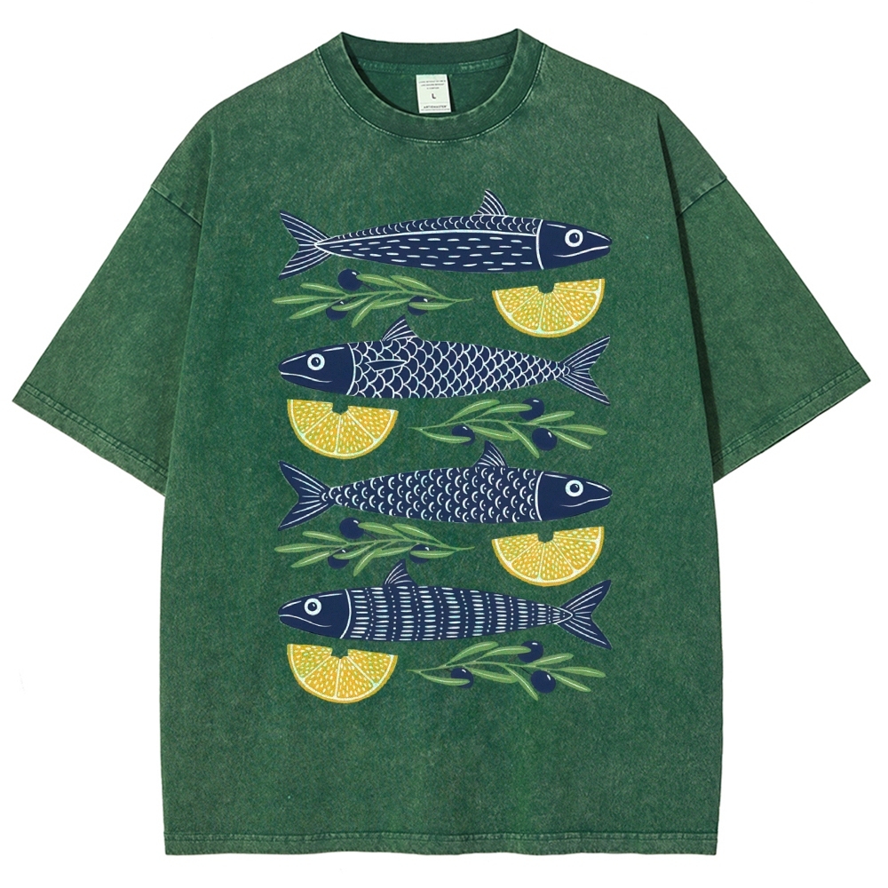 Unisex Lemon Fish Printed Washed Tee
