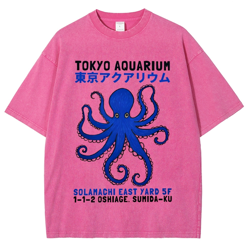 Unisex Japanese Style Octopus Printed Washed Tee
