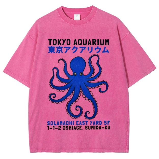 Unisex Japanese Style Octopus Printed Washed Tee