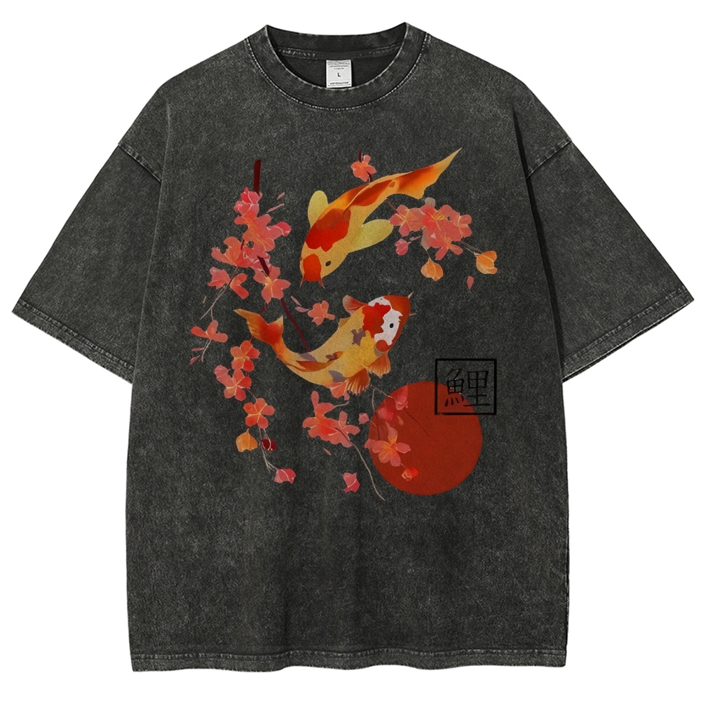 Unisex Vintage Japanese Fish Printed Washed Tee