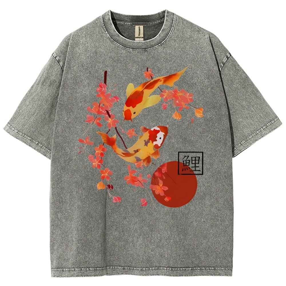 Unisex Vintage Japanese Fish Printed Washed Tee