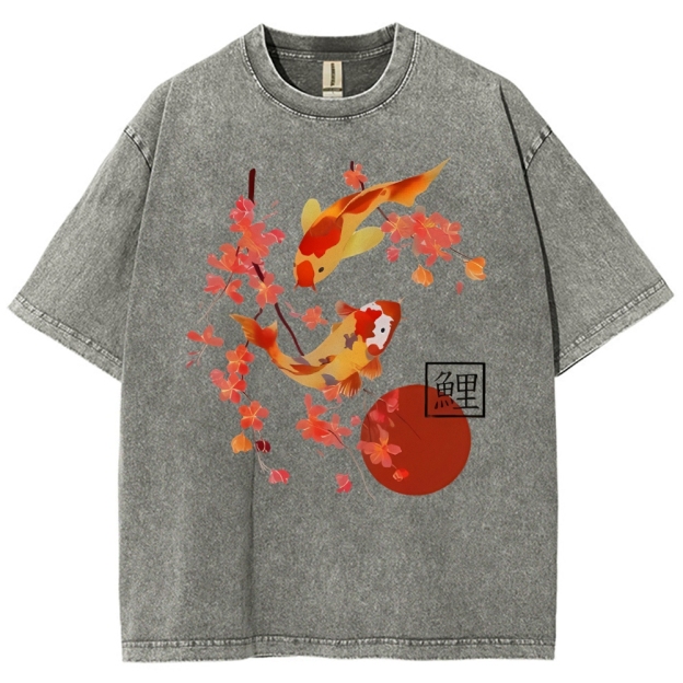 Unisex Vintage Japanese Fish Printed Washed Tee