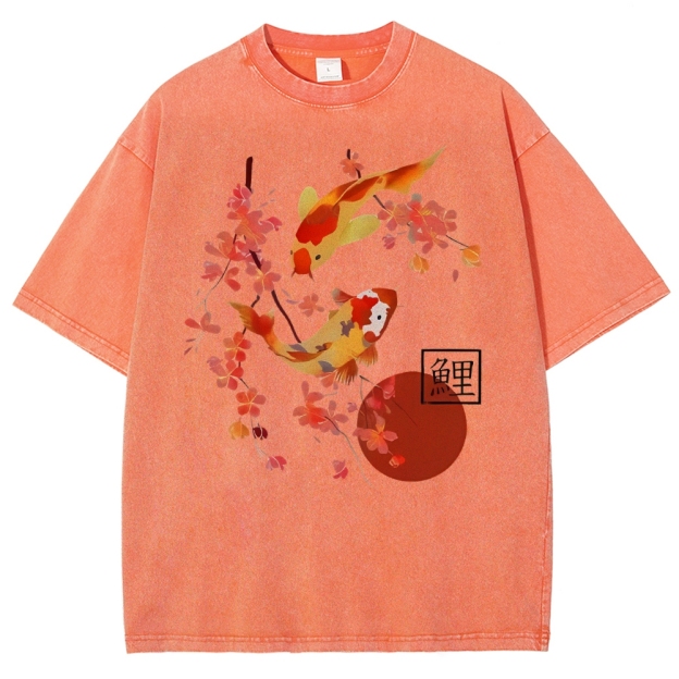 Unisex Vintage Japanese Fish Printed Washed Tee